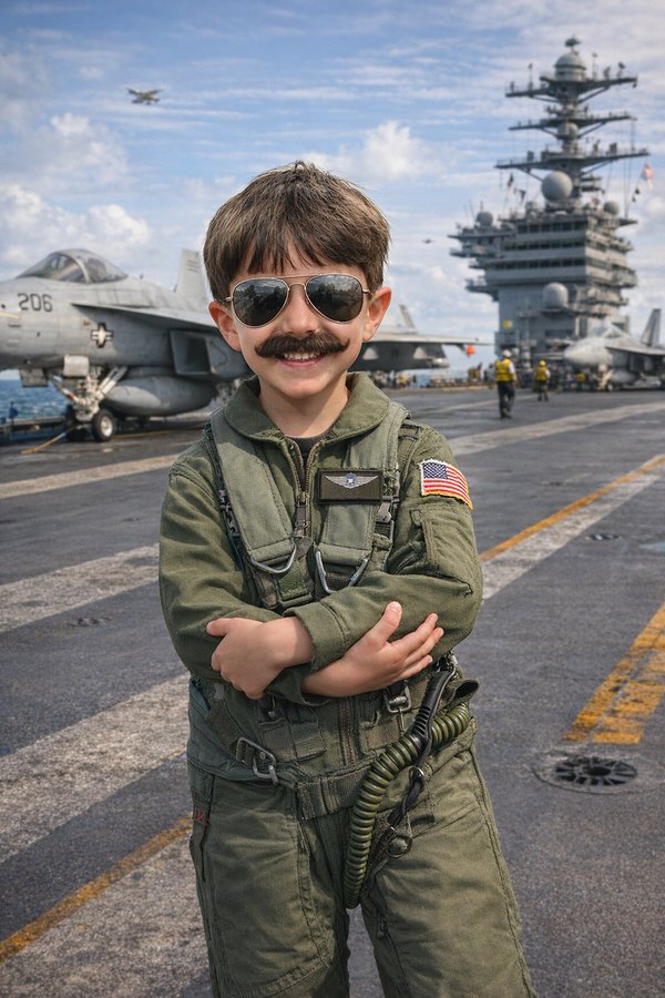 Maverick in a flight suit and aviator sunglasses on an aircraft carrier deck